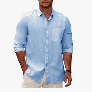 Men's Light Blue Cotton and Linen Long Sleeve Shirt Size L NWT